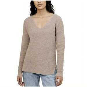 Kersh New Ladies' Waffle Knit Merino Wool Blend Stretch Tan V Neck Sweater